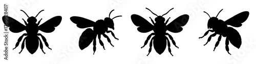 Four black and white bees are shown in a row. The bees are all the same size and shape. The image has a simple. Vector. Silhouette illustration.