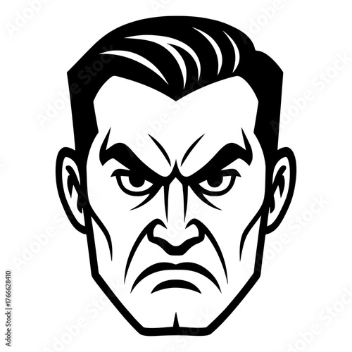 A man with a scowl on his face. The man is angry and has a menacing look. Vector. Silhouette illustration.