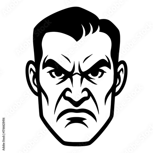 A man with a scowl on his face. The man is angry and has a menacing look on his face. Vector. Silhouette illustration.