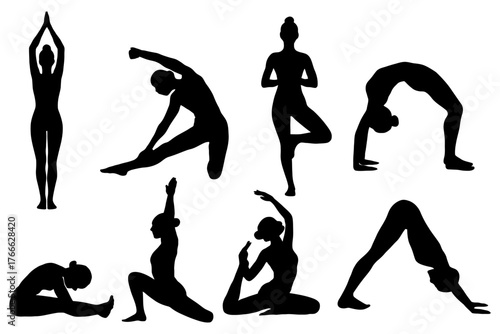 A series of silhouettes of people doing yoga poses. The poses include downward dog, tree pose, and warrior pose. Vector. Silhouette illustration.