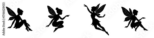 Four black and white fairy characters are shown in different poses, with one of them sitting and the others standing. Vector. Silhouette illustration.