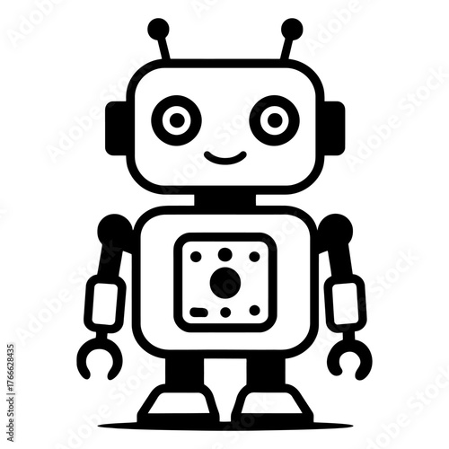 A robot is smiling and standing on a white background. The robot is smiling and has a happy expression. Vector. Silhouette illustration.
