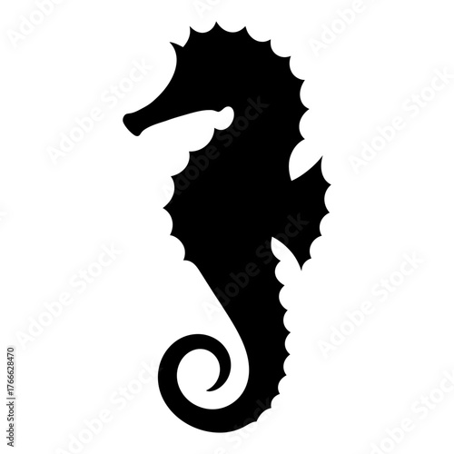 A black and white drawing of a seahorse. The seahorse is curled up and has a long tail. Vector. Silhouette illustration.