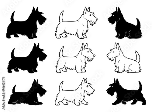 A series of black and white dog silhouettes are arranged in a grid. The dogs are all of the same breed. Vector. Silhouette illustration.