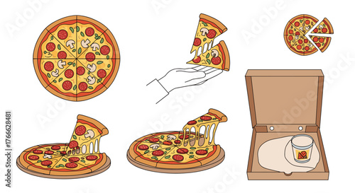 Collection of illustrated pizza slices, whole pizzas, and a pizza box with dipping sauce.