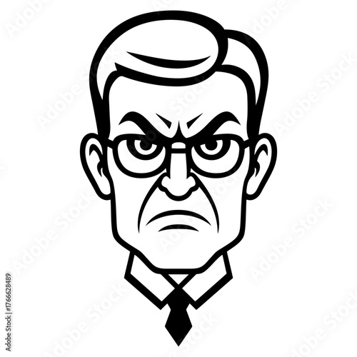 A man with glasses and a frowning face. He is wearing a tie. The man is angry and looking down. Vector. Silhouette illustration.