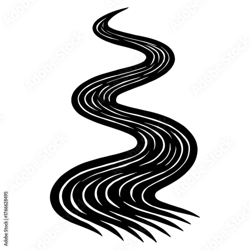 A black hair strand with a wavy texture. The hair is long and flowing. Vector. Silhouette illustration.