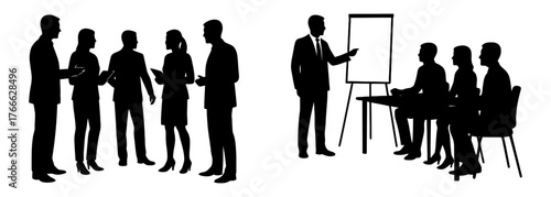 A group of people are sitting around a table with a white background. The people are dressed in business attire. Vector. Silhouette illustration.