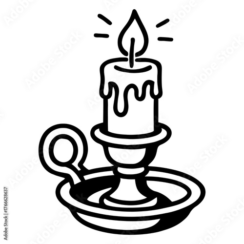 A candle is lit and has a wax drippings on it. The candle is on a white background. Vector. Silhouette illustration.