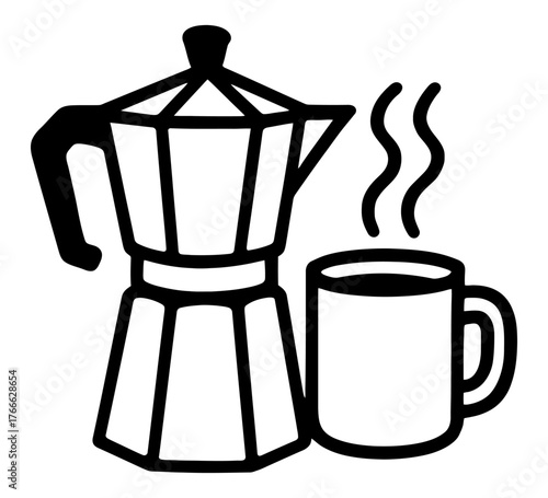 A coffee pot and mug with steam coming out of it. The coffee pot is black and the mug is white. Vector. Silhouette illustration.