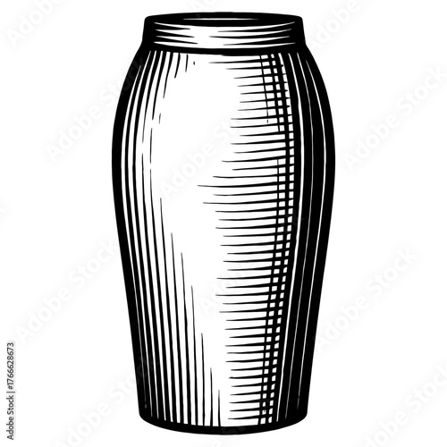 A black and white drawing of a tall vase. The vase is drawn with a lot of detail, including the ridges. Vector. Silhouette illustration.