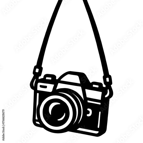 A black and white camera is hanging from a strap. The camera is the main focus of the image. Vector. Silhouette illustration.