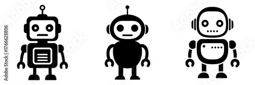 Three robots are standing in a row. The first robot is looking down, the second robot is looking up. Vector. Silhouette illustration.