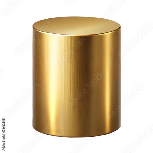 Gold cylinder isolated on transparent background, a versatile and elegant element for product displays, awards, or decorative accents, with a smooth and reflective surface