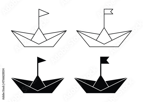 Paper Boat Icon Set – Black & White Doodle Style Logo Illustration.