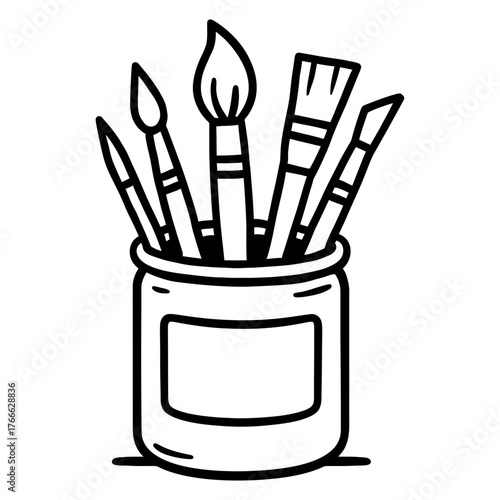 A black and white drawing of a jar of paint brushes. The jar is filled with a variety of brushes. Vector. Silhouette illustration.