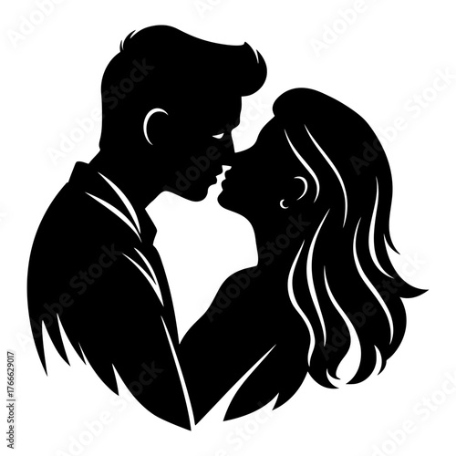 A man and woman are kissing in a circle. Concept of love and intimacy. Vector. Silhouette illustration.