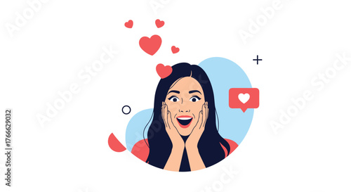 Young woman with a surprised expression, surrounded by hearts and a social media like icon.