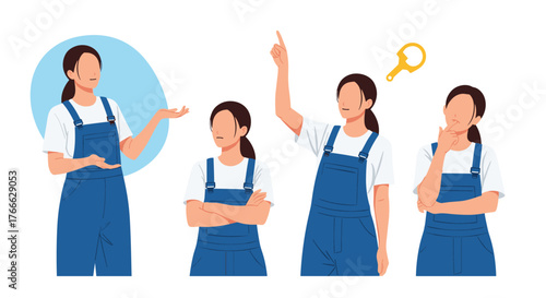 Four women in blue overalls illustrating different actions and thoughts like explaining, pondering, and having an idea.