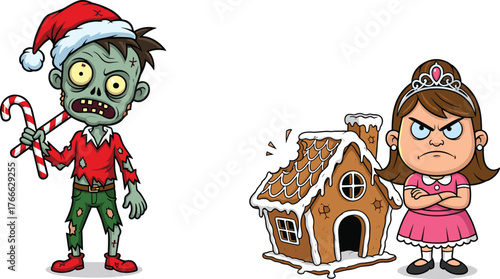 Funny zombie boy holding candy cane facing angry girl with broken gingerbread house cartoon vector illustration, christmas holiday humor art