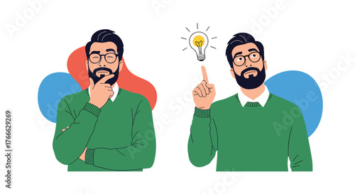 A man with a beard and glasses ponders an idea, then has a lightbulb moment.