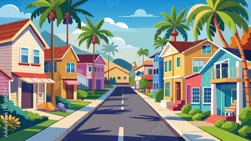 Very beautiful, California typical suburban street, tropical Oceanside USA, different colorful houses in a row, generic American homes, building facades, townhouse exterior architecture, and peaceful 