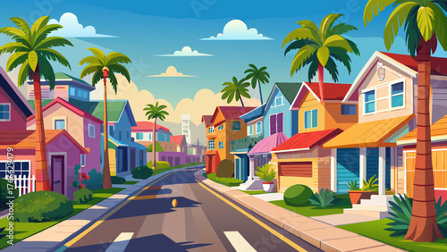Very beautiful, California typical suburban street, tropical Oceanside USA, different colorful houses in a row, generic American homes, building facades, townhouse exterior architecture, and peaceful 
