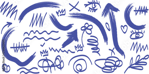 Paint or ink stroke scribble elements. Charcoal, chalk or crayon hand drawn messy drawings with grunge texture. Squiggle swirl line vector illustration Hand drawn messy ink and chalk scribbles 