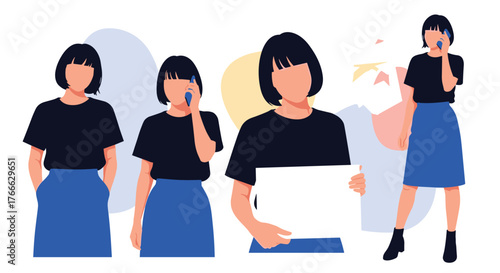 Four women in dark blue shirts and blue skirts are shown with abstract backgrounds.