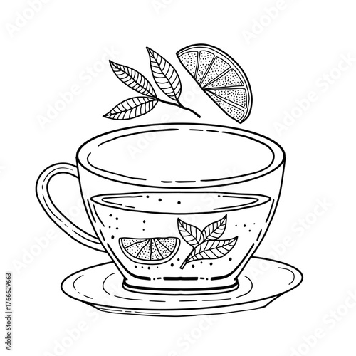 Herbal tea cup with lemon slice and tea leaves line art. Hand drawn doodle style vector illustration