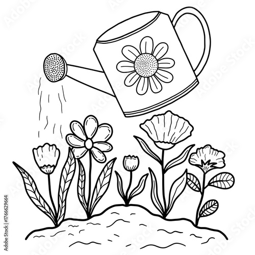 Hand drawn doodle vector of watering can and blooming flowers illustration isolated on white background