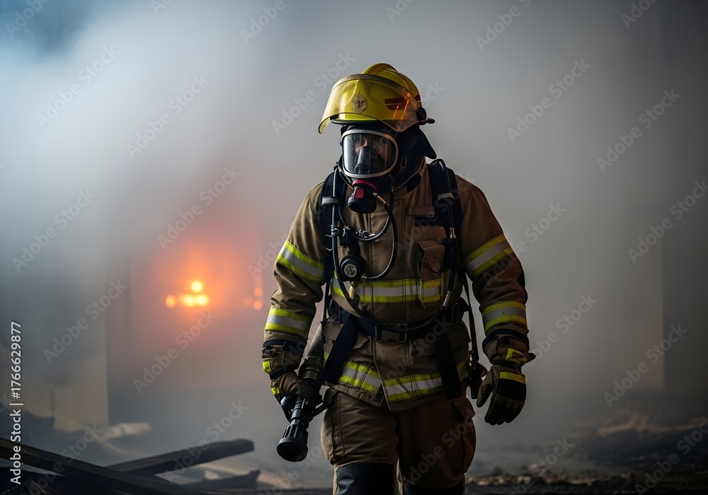 Fototapeta premium A firefighter in protective gear approaches a smoky environment, showcasing bravery and readiness for emergency response.