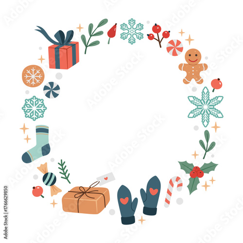 Hand drawn Christmas round frame, copy space. Doodle Christmas winter decoration circular frame. Christmas treats, sweets, candies, cookies. Vector