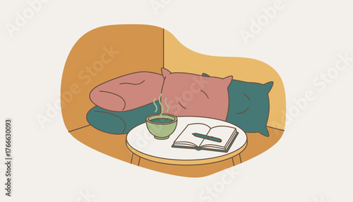 Warm and inviting corner creating a relaxing atmosphere for self care, journaling, and enjoying a comforting hot beverage. The background is transparent