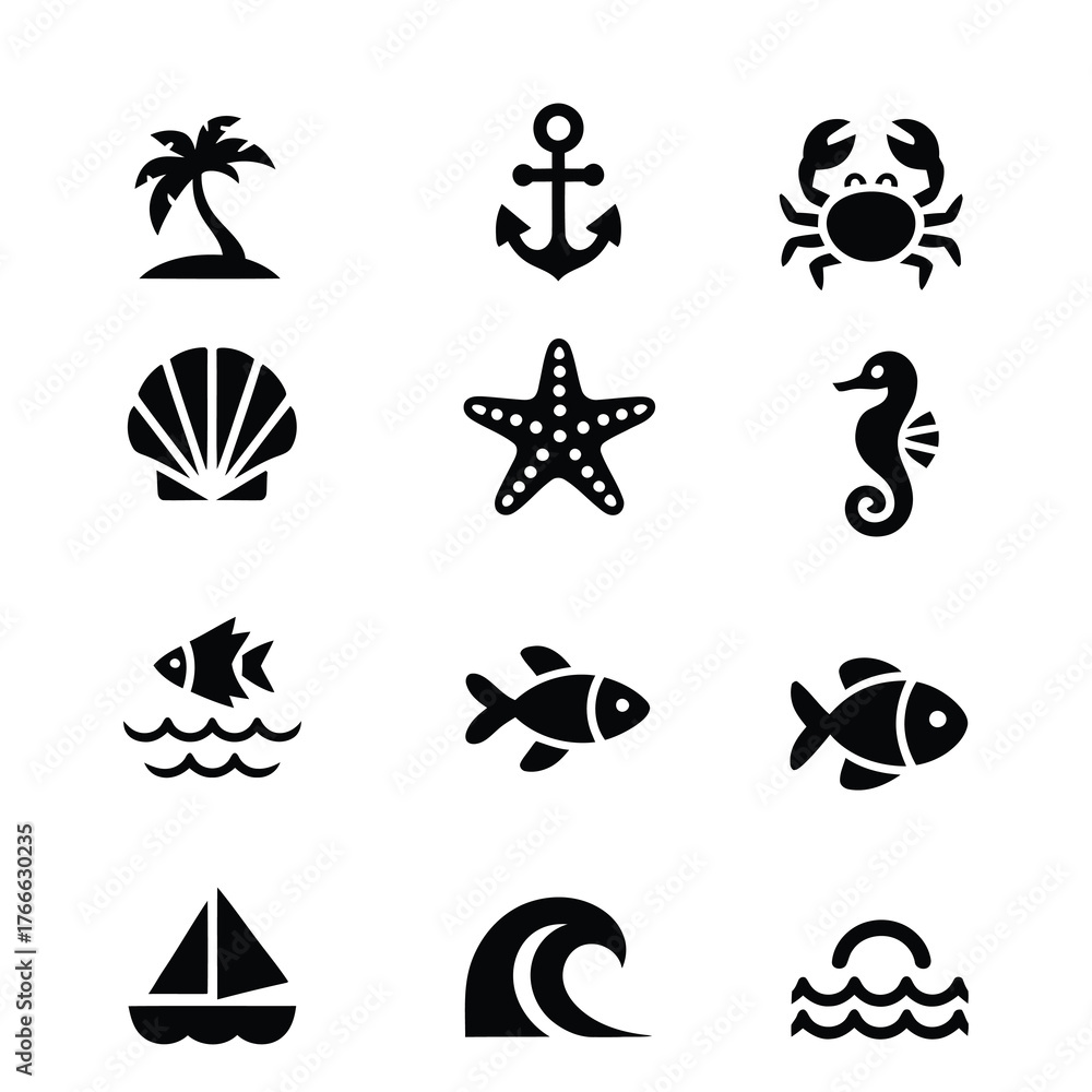 Fototapeta premium Collection of Black Silhouettes of Sea and Beach Icons