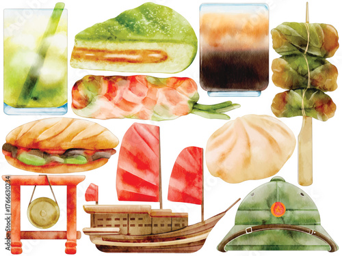 Watercolor Vietnam Clip Art Set Culture Food Banh Mi Spring Roll Banh Chung Bao Bun Banh Com Vietnamese Coffee Non La Junk Boat Gong Illustration Travel Landmark Hanoi Ho Chi Minh Asia