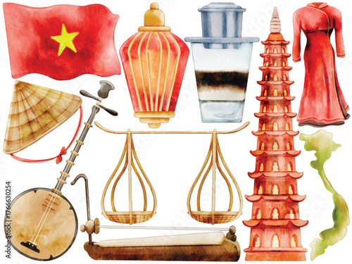 Watercolor Vietnam Clip Art Set Culture Travel Flag Non La Lantern Ao Dai Pagoda Coffee Phin Dan Bau Map Illustration Landmark Hanoi Asia Ho Chi Minh