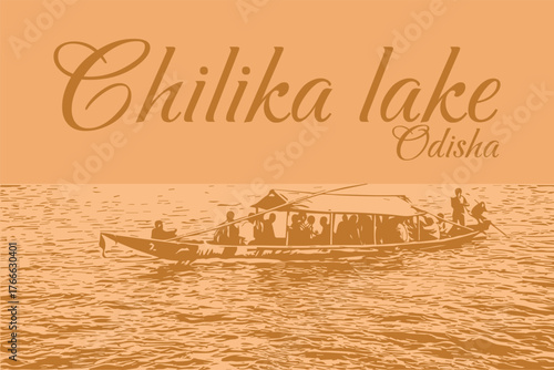 Beautiful vector illustration of Chilika Lake, Asia's largest brackish lagoon wildlife like migratory birds, Odisha's natural beauty, Perfect for travel art, tourism posters, and landscape background 