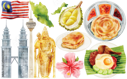 Watercolor Malaysia Clip Art Set Culture Travel Flag Map Petronas Towers Batu Caves Durian Roti Canai Nasi Lemak Hibiscus Illustration Kuala Lumpur Landmark Food