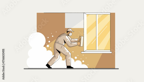 Worker wearing a protective mask and cap operating a sanding block, shaping and plastering a wall next to a window, creating dust during renovation work