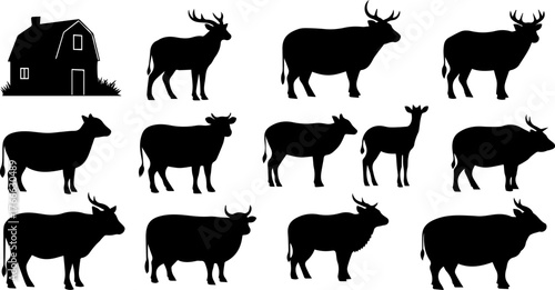 Silhouette Set of Farm Animals and Deer in Countryside Landscape, Vector Illustration of Cows, Bulls, and Antlered Deer with Barn House for Agriculture, Ranch, and Wildlife Design Concepts
