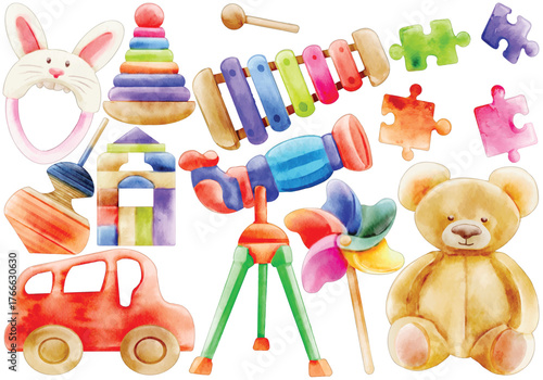 Watercolor Baby Toy Clip Art Set Cute Kids Nursery Teddy Bear Car Puzzle Stacking Ring Xylophone Blocks Pinwheel Illustration Isolated on White Background Graphic