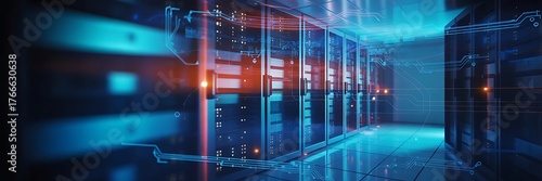 server room with server racks in datacenter banner. technology background. 3d illustration.