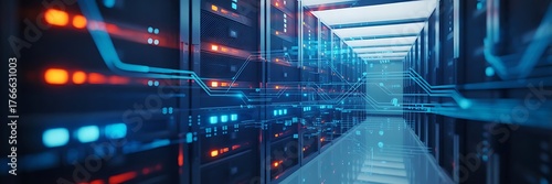 server room with server racks in datacenter banner. technology background. 3d illustration.