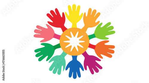 A variety of handprints in vibrant colors surrounding a community circle emblem portraying collective effort and identity.