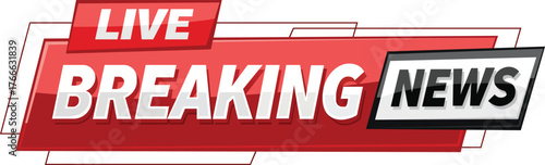 A graphic of a breaking news banner with the words live breaking news in red and white colors