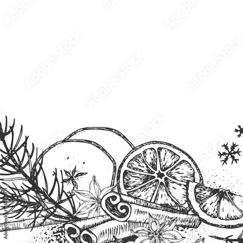 A graphic vector border with oranges, cinnamon, star anise, and cloves. A black and white spice template for label and packaging design for Christmas sweets and mulled wine.
