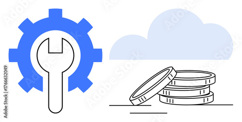 Gear with wrench next to coins and cloud for technology, mechanics, and financial systems. Ideal for innovation, development, automation, economy, cloud computing, fintech simple flat metaphor