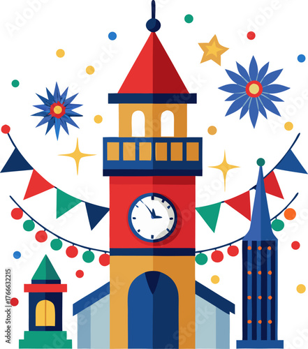 Traditional clock tower striking midnight with festive decorations, European New Year vector white background