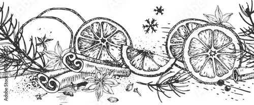 A seamless graphic vector border with oranges, cinnamon, star anise, and cloves. A black and white spice template for label and packaging design for Christmas sweets and mulled wine.